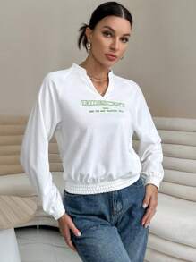 SHEIN Essnce 標語圖案插肩袖運動衫 - 白色 - 查看 1