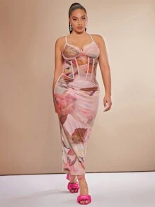 SHEIN BAE Plus Graphic Print Bustier Mesh Cami Top - Multicolor - View 2