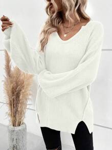 SHEIN LUNE 素色落肩袖下擺開叉套頭毛衣 - 白色 - 查看 3