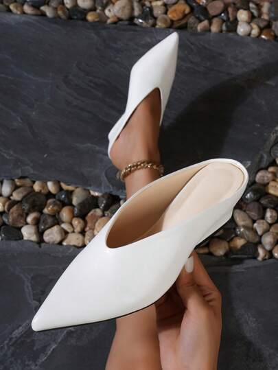 Fall/Winter 2025 Fashionable And Comfortable Outdoor Pointed Toe Block Heel Mules For Women, Elegant White PU Leather High Heel Shoes With Unusual Heel, Open Back For Spring Summer, Elegant, Women Pumps,Elegant