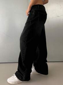 DAZY 纯色阔腿牛仔裤、宽松牛仔裤 - 深灰色 - 查看 4