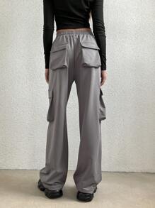 SHEIN Unity Flap Pocket Side Drawstring Waist Cargo Pants Fall Cloth For Women - Grey - View 3