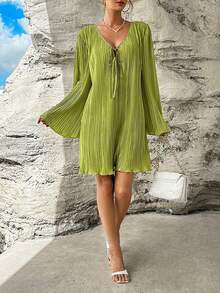 SHEIN Privé Tie Trước Xếp li Tay áo kèn  Plisse Đầm - màu xanh lá - Xem 5