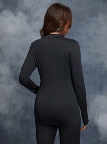 SHEIN 孕婦萬聖節蜘蛛網印花嵌入網紗小高領T恤 - 黑色 - 查看 2