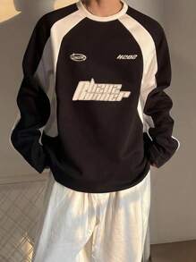 Claim Dot Men Letter Graphic Raglan Sleeve Long Sleeve Going Out Color Block Sweatshirt, Oversize Jersey, Fall - Black - View 1