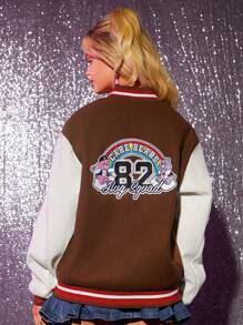 SHEIN X Care Bears 1入組字母拼貼條紋飾邊落肩夾克