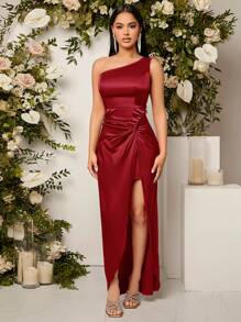 SHEIN Belle Vestido de dama de honor de satén con cuello asimétrico, frente retorcido y abertura en el muslo, vestido de invitada de boda, vestido de fiesta, vestido de gala, vestido de noche de color borgoña rojo - Burdeos - Ver 3