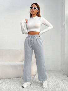 SHEIN PETITE Drawstring Waist Slant Pocket Sweatpants Graduation,Back To School Outfits,Graduation,Teacher Outfits For Women,Back To School - Grey - View 5