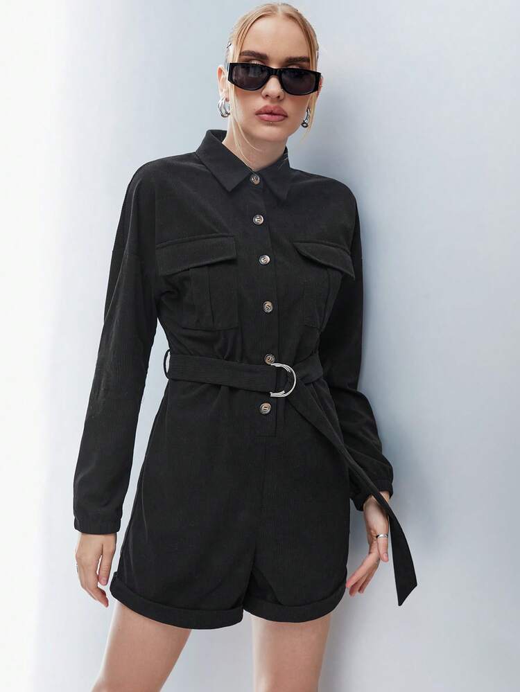Flap Pocket Belted Shirt Romper
