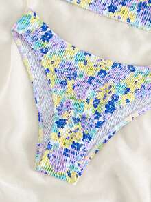 Floral Print Smocked Bikini Set - Multicolor - View 7