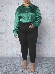 SHEIN CURVE+ Plus Jacquard Button Up Shirt - Dark Green - View 6