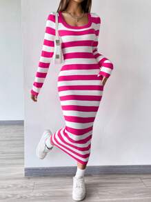 SHEIN Unity Váy len ôm cổ tròn họa tiết sọc phối màu đơn giản, thoải mái khi đi làm hàng ngày dành cho nữ, mùa thu/đông - Màu Hồng Tươi - Xem 4