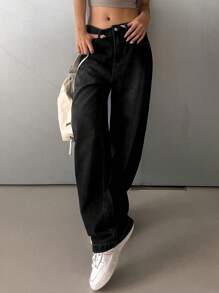 DAZY 纯色阔腿牛仔裤、宽松牛仔裤 - 深灰色 - 查看 5