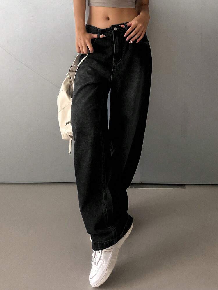 Solid Wide Leg Jeans,Baggy Jeans