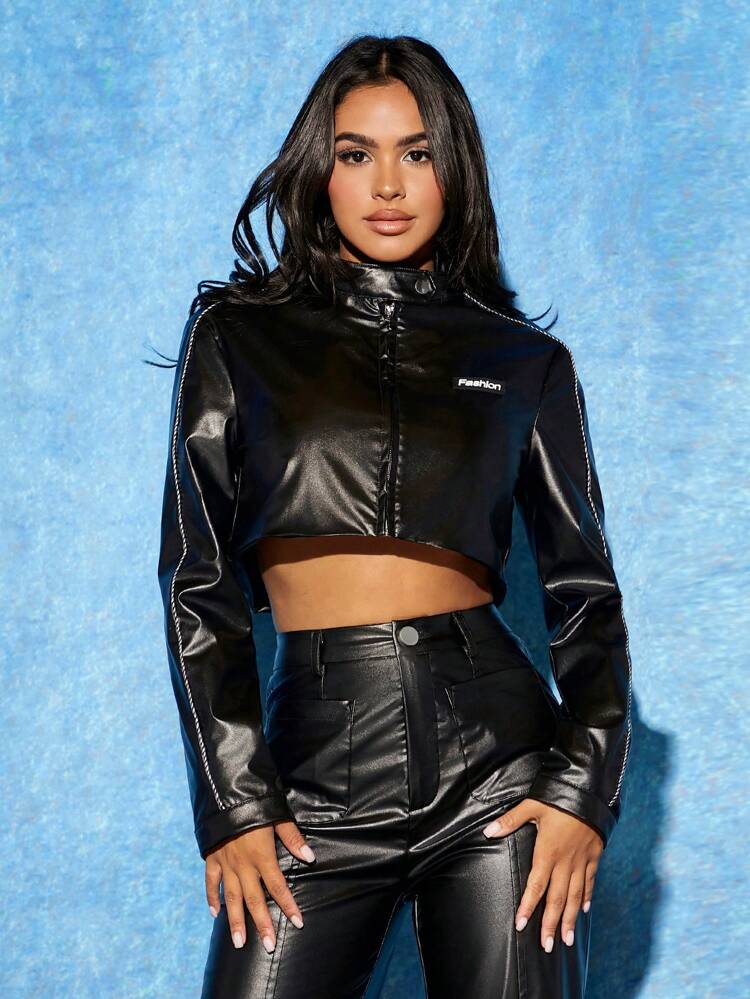 Letter Patched Detail Crop PU Leather Jacket