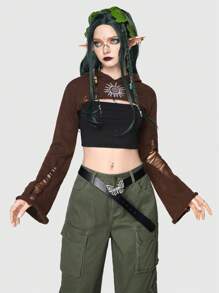 ROMWE Hippie 素色超短版連帽套頭毛衣 - 棕色 - 查看 1