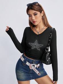 Rhinestone Star Pattern Crop Tee - Black - View 6