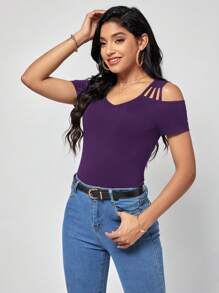 SHEIN Clasi Solid Cold Shoulder Tee - Purple - View 7
