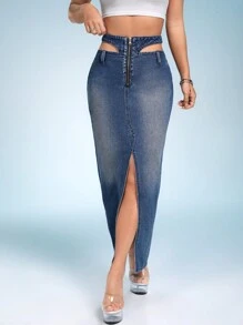 SHEIN ICON Cắt bỏ eo Tách đùi Váy Denim - Màu xanh lam - Xem 1