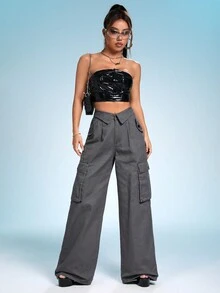 SHEIN ICON Flap Pocket Wide Leg Cargo Jeans - Grey - View 5