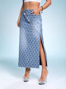 SHEIN ICON Allover Print Split Thigh Denim Skirt - Blue - View 1