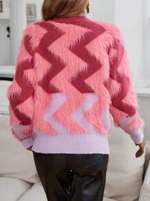 SHEIN Unity Chevron Pattern Fuzzy Knit Sweater - Pink - View 2