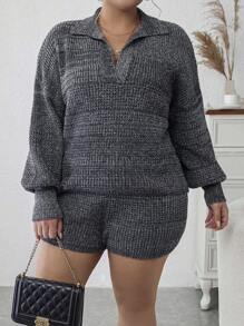 Calvaya Plus Drop Shoulder Sweater & Knit Shorts - Dark Grey - View 1