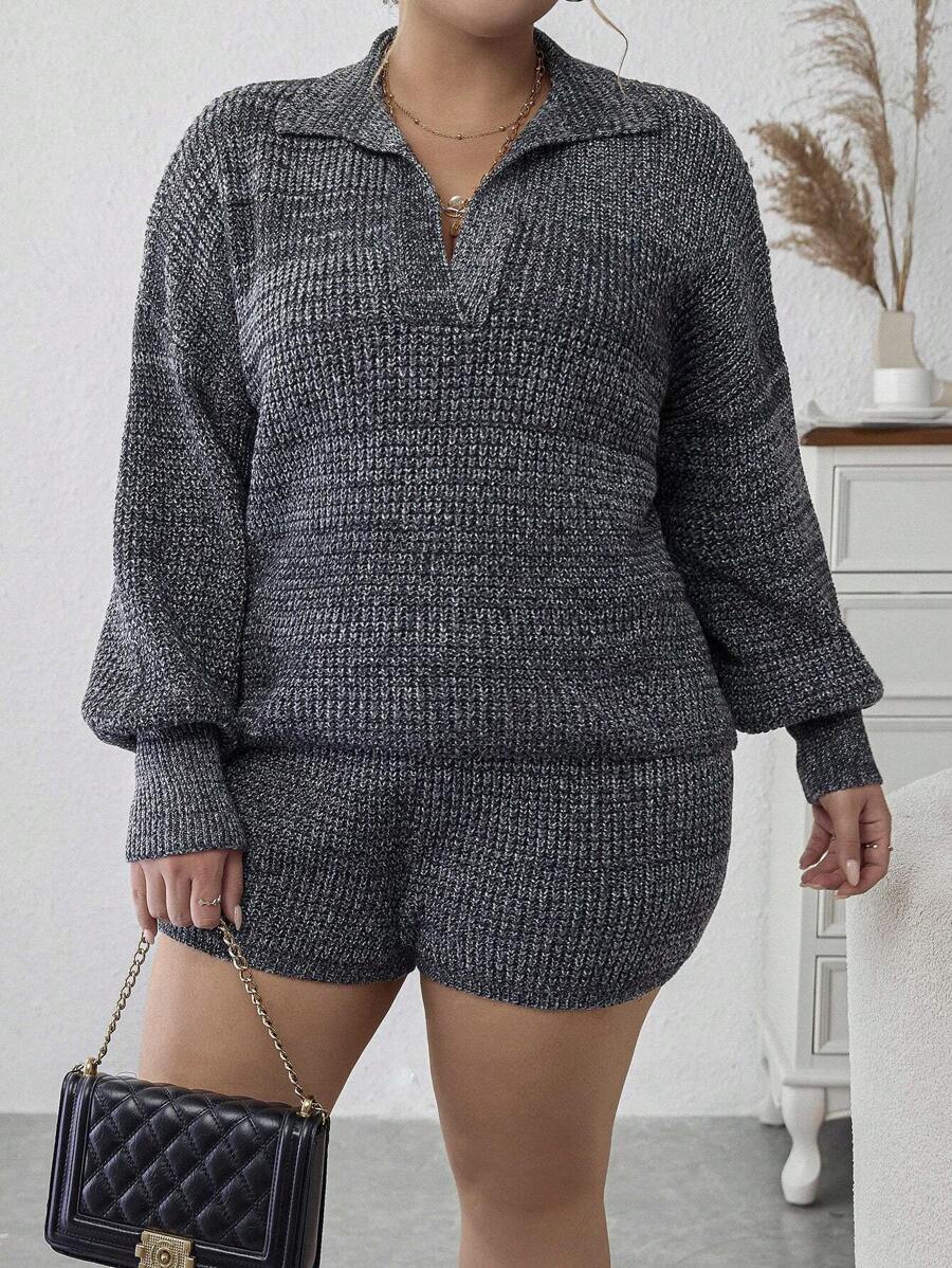 Calvaya Plus Drop Shoulder Sweater & Knit Shorts - Dark Grey - View 1