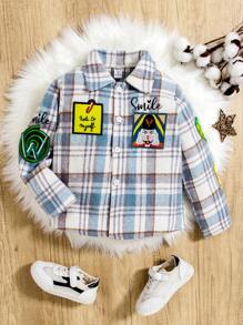 Young Boy Plaid & Letter Graphic Patched Detail Shirt - Blue and White - View 1