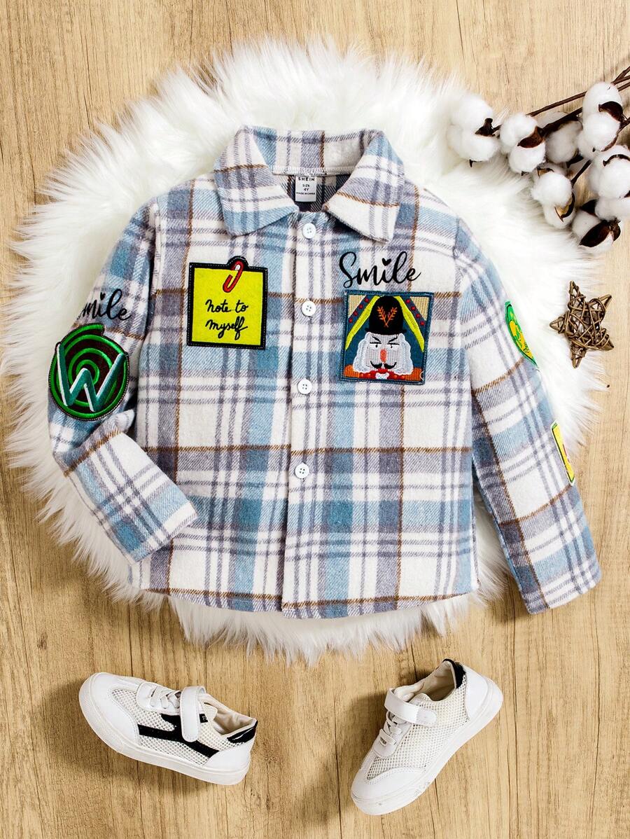 Young Boy Plaid & Letter Graphic Patched Detail Shirt - Blue and White - View 1