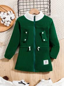 Young Boy Letter Patched Detail Drawstring Waist Flap Detail Zip Up Teddy Coat for Christmas - Green - View 1