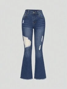Teen Girl Ripped Raw Hem Flare Leg Jeans - Medium Wash - View 1