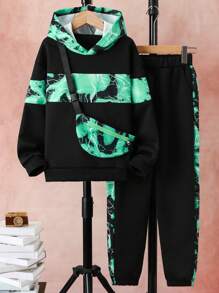 SHEIN 男大童紮染連帽衫和運動褲 - 綠色 - 查看 1