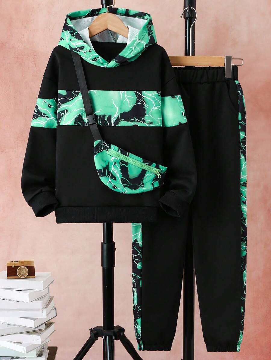 SHEIN 男大童紮染連帽衫和運動褲 - 綠色 - 查看 1