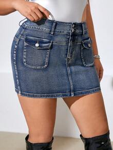 SHEIN ICON Plus Flap Pocket Denim Skirt - Blue - View 5