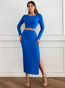 SHEIN Cottnline Blue Round Neck Slim Fit Long Sleeve T-Shirt And High-Waisted Split Skirt Two Piece Set - Blue - View 5