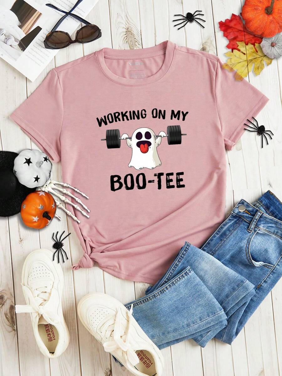 SHEIN LUNE 萬聖印花T恤 - 藕粉色 - 查看 1