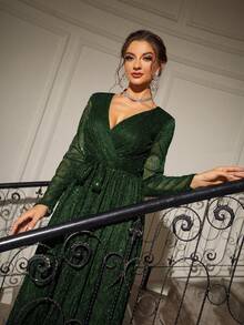 Women's Elegant Overlapping V-Neck Glittery Mesh Long Sleeve Dress Party Dress Wedding Guest Dress Formal Dress Evening Dress - Dark Green - View 4
