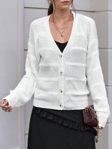 Chiquease 素色落肩袖前紐扣開襟衫 - 白色 - 查看 1