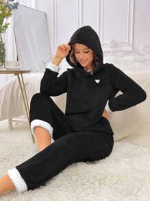 愛心刺繡拼接邊連帽法蘭絨睡衣套裝 - 黑色 - 查看 5