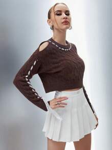 SHEIN Unity Contrast Piping Cable Knit Pullover Fall Winter Sweater - Brown - View 5