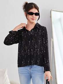 Teen Girls Sequin Button Front Shirt - Black - View 4