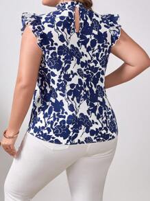 SHEIN VCAY Plus Floral Print Ruffle Trim Mock Neck Summer Boho Blouse - Navy Blue - View 2