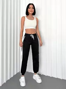 RueChic Contrast Side Seam Flap Pocket Side Drawstring Waist Sweatpants - Black - View 5