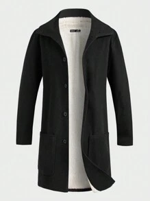 Manfinity VCAY 男士双口袋前扣大衣，秋冬款 - 黑色 - 查看 1
