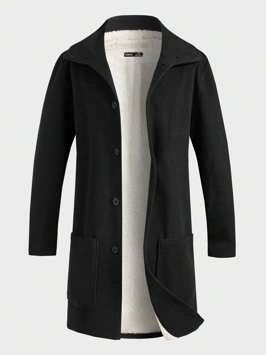 Manfinity VCAY 男士双口袋前扣大衣，秋冬款 - 黑色 - 查看 1