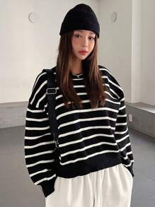 DAZY Mẫu sọc Nút Quay lại Thả vai Áo len - màu đen - Xem 7