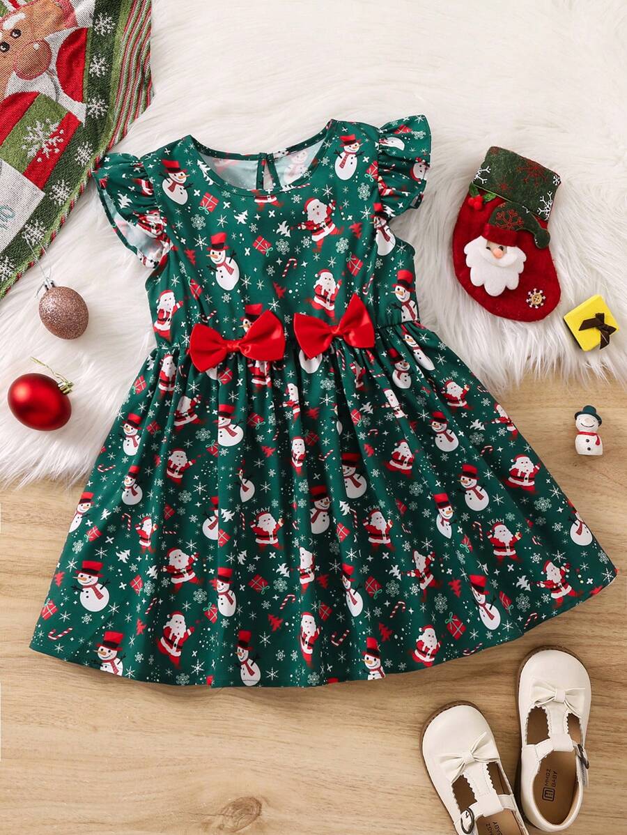 SHEIN Young Girl Christmas Print Bow Front Ruffle Trim Dress - Green - View 1