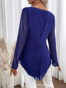 Breezaya 素色紐扣細節捲邊袖高低下擺襯衫 - 藏蓝色 - 查看 3