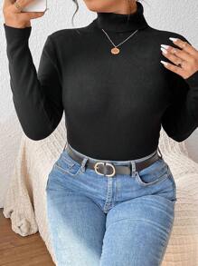 SHEIN Frenchy Plus Áo len cổ giả có gân đan gân - màu đen - Xem 1